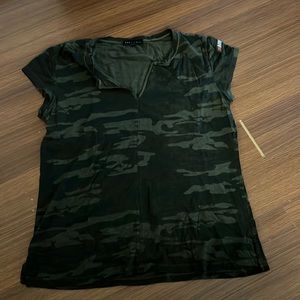 CAMOUFLAGE GREEN V NECK T SHIRT WITH ARMY PATCH ON ARM